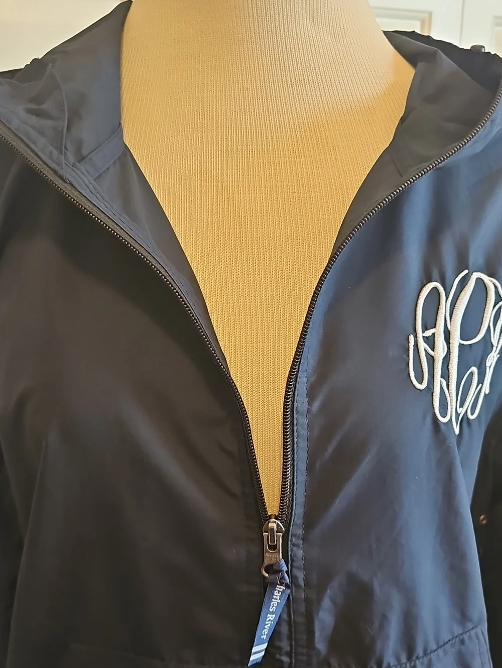 Charles River Navy Blue Hooded Windbreaker with Monogram Embroidery. Sz Small